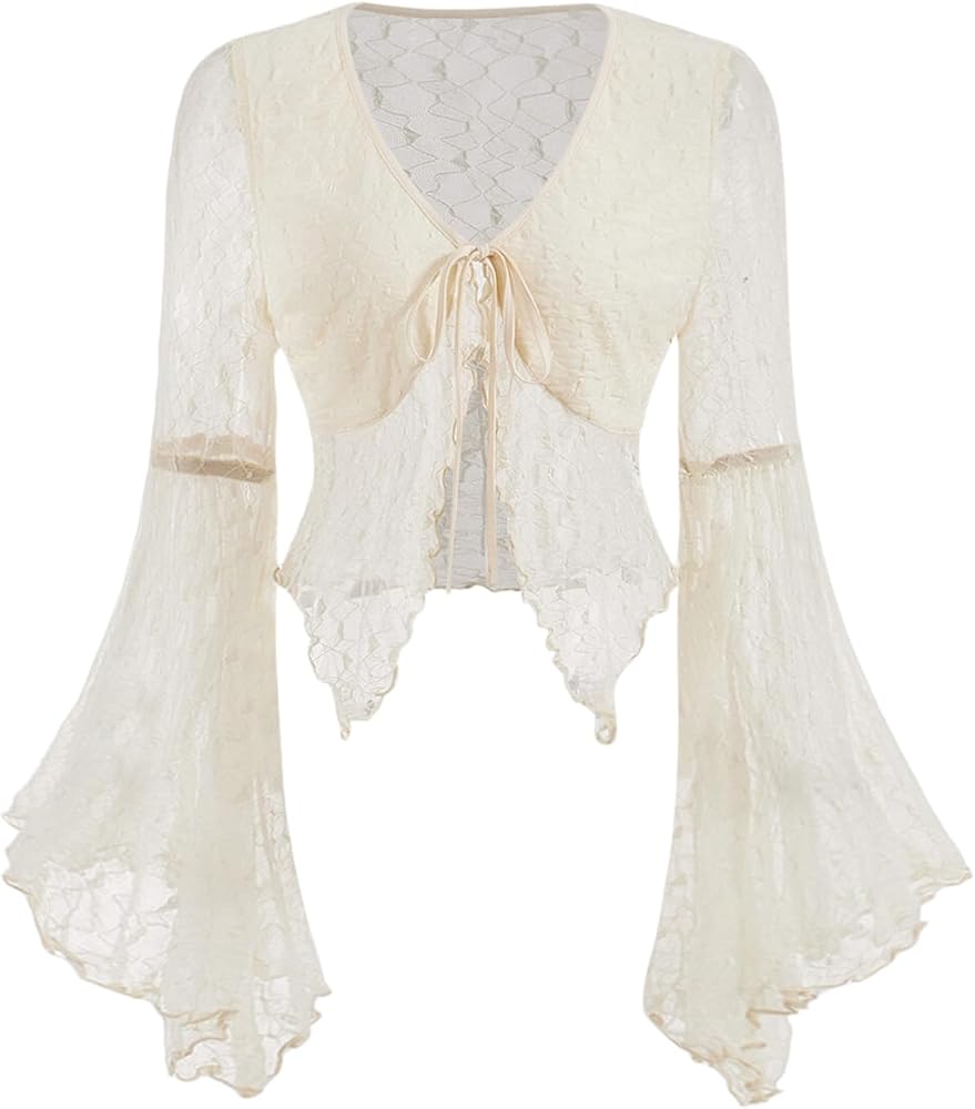 Verdusa Women's Lace Tops Tie Front Bell Long Sleeve Sheer Blouse